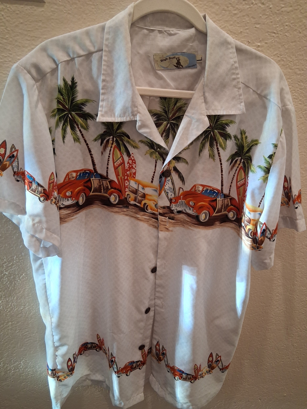 VTG High Surf Print Short-Sleeve Shirt - White with Orange Classic Car Motif